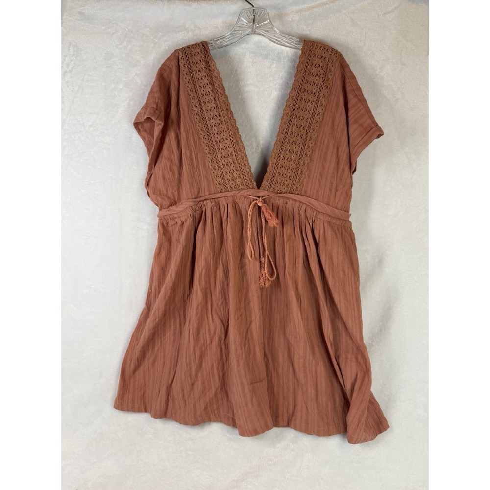 Kye Mi Rust Cotton Gauze Babydoll Top Crochet Lace Boho Festival Medium NWT
